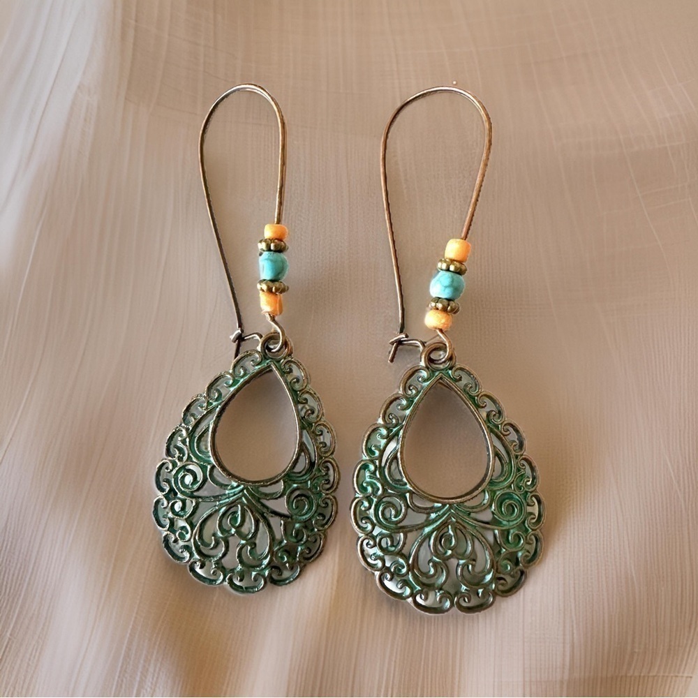Vintage Style Water Droplet Large Hoop Earrings Bronze & Turquoise Tone